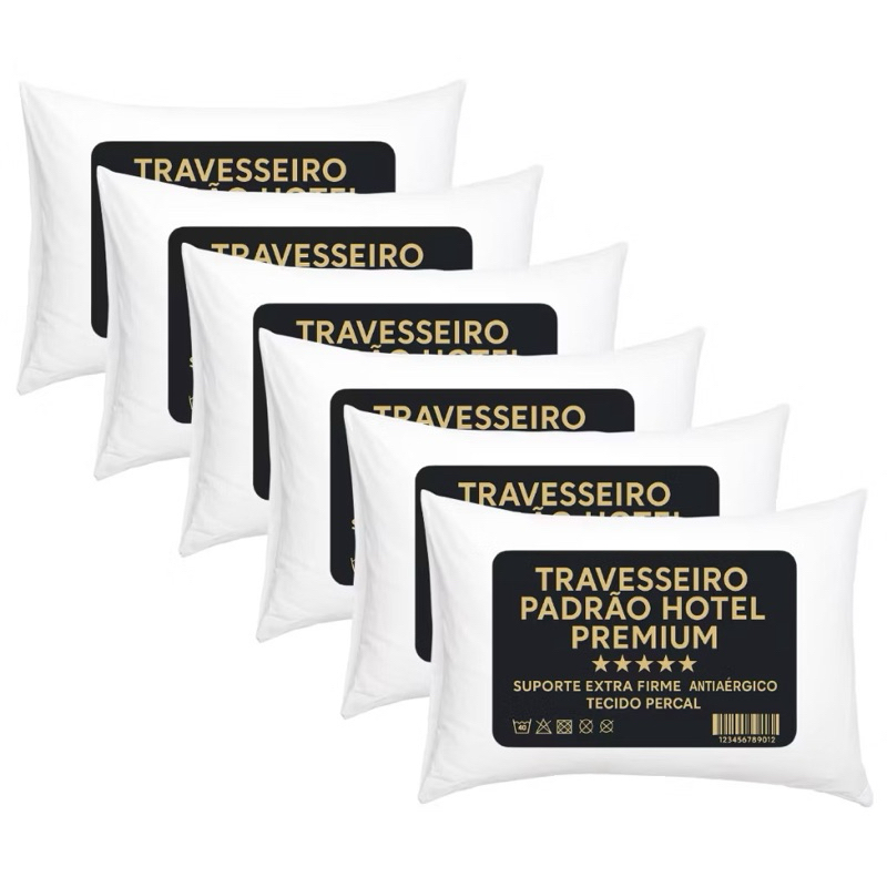 Kit 6 Travesseiro Padrão Hotel 300 Fios Antialérgico 50 x 70 cm Premium Fibra Siliconada Descanso Luxo