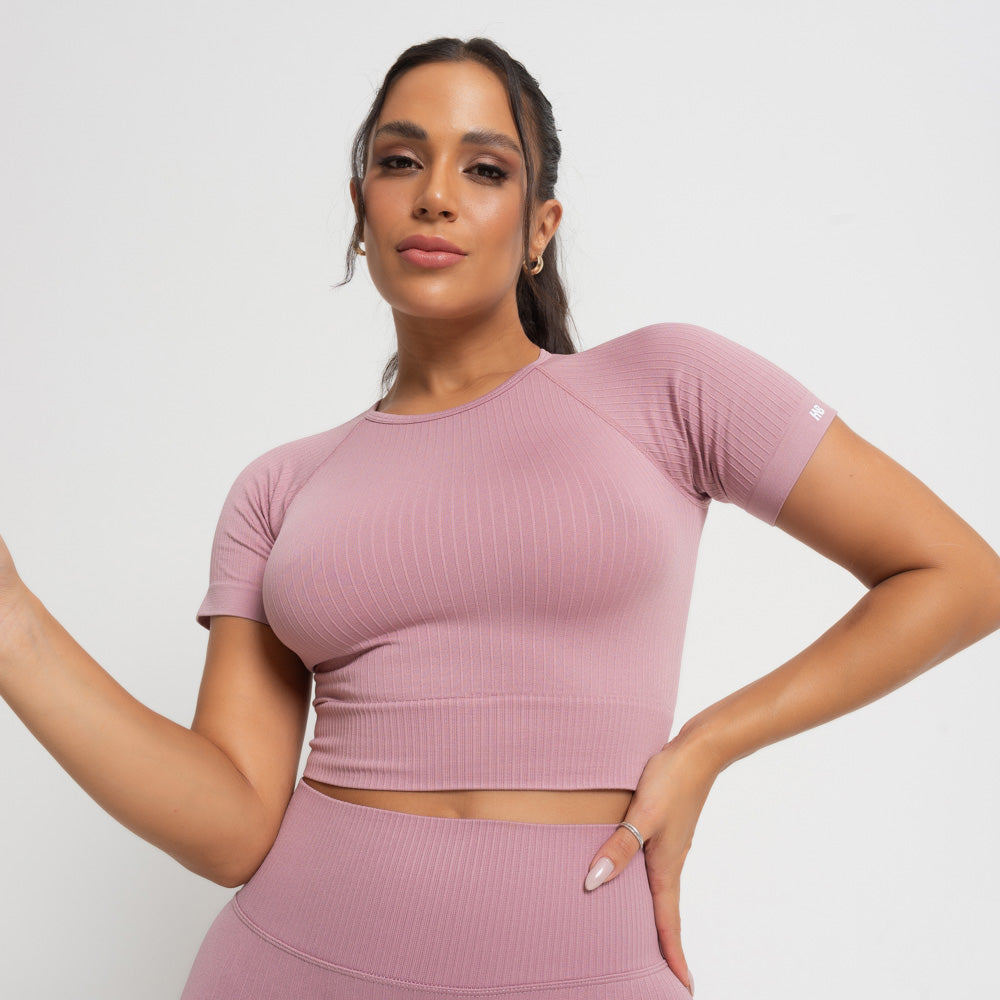 Top Cropped Seamless Sem Costura Cappuccino Canelado Honey Be Sem Bojo Alta Compressão