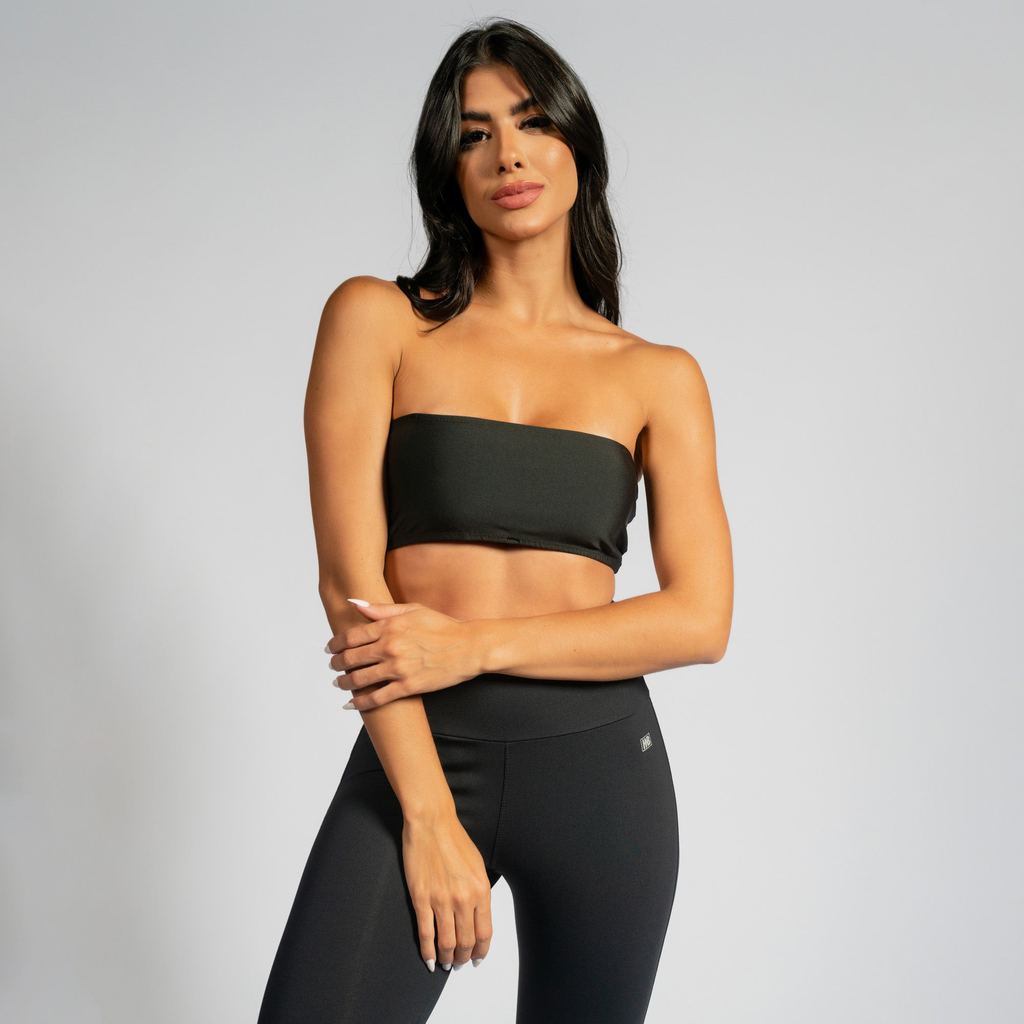 Top Cropped Faixa Seamless Touchform Preto Poliamida com Forro Frontal e Abertura para Bojo