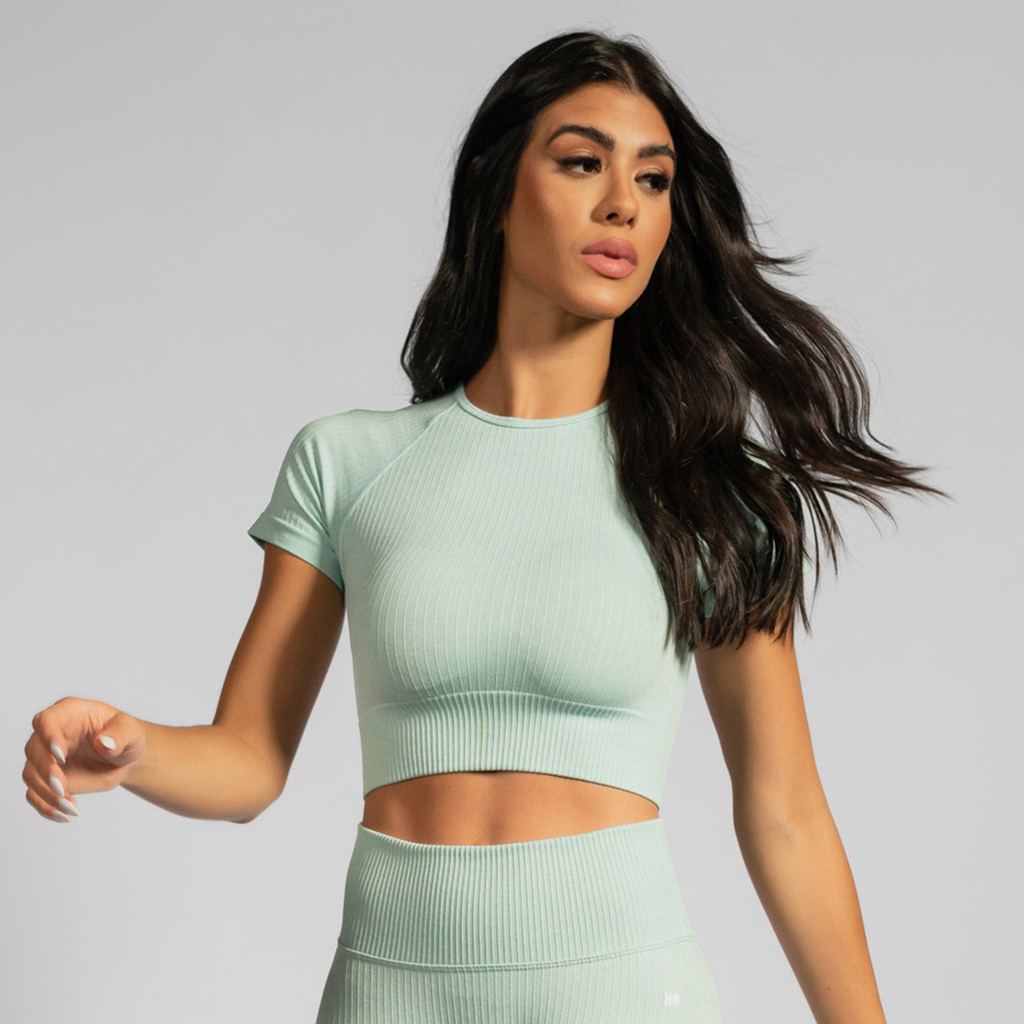 Top Cropped Seamless Canelado Verde Sem Bojo Alta Compressão para Treino Honey Be