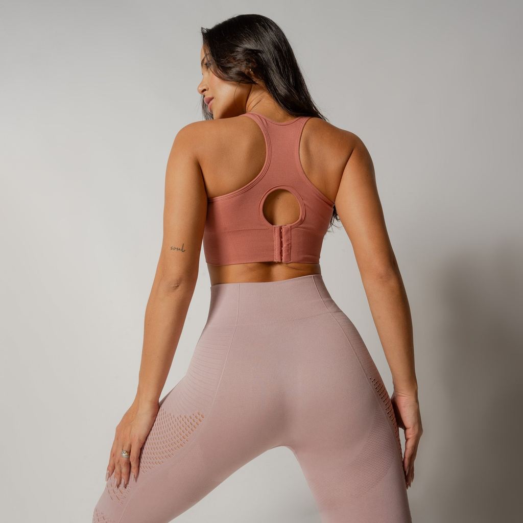 Top Fitness Seamless Terracota Nadador com Fecho 4 Ajustes e Bojo Removível Honey Be