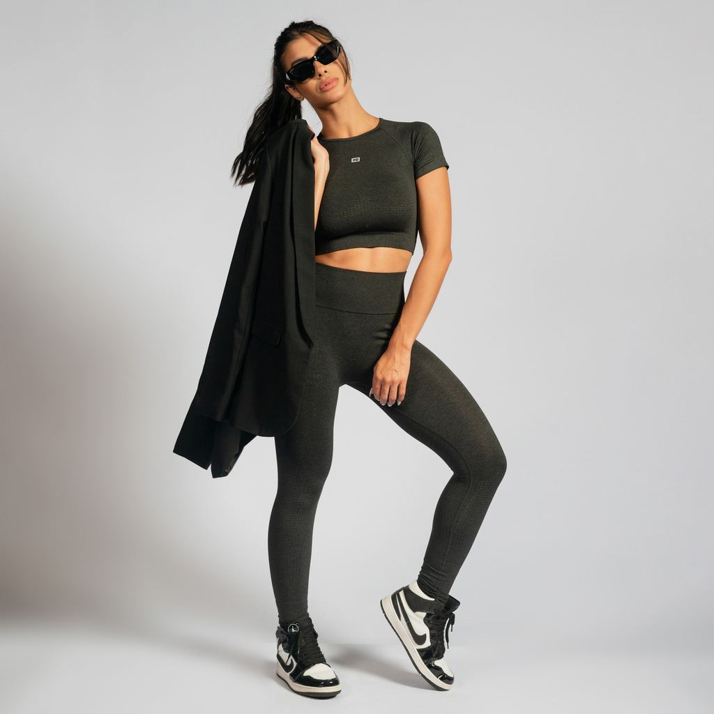 Top Cropped Fitness Seamless Mescla Escuro Sem Bojo Alta Compressão para Academia e Treino