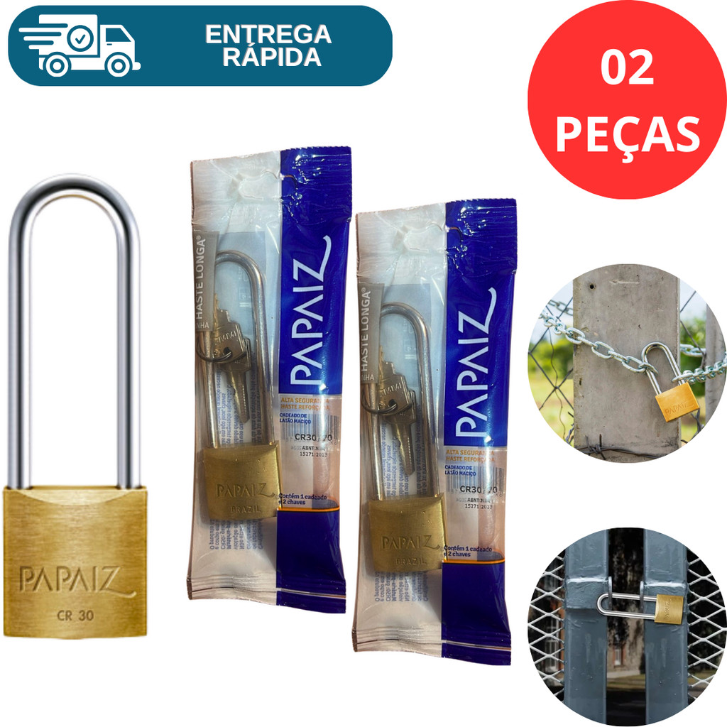 Kit 2 Cadeado Haste Longa 30mm X 70mm Latão Maciço Cr30/70 Papaiz C/ 2 Chaves Segredos Diferentes