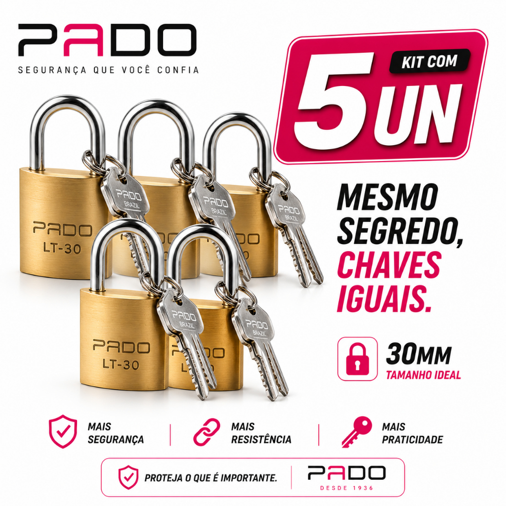 Kit 5 Cadeado 30mm Pado mesmo segredos iguais mesma chave armário corrente segurança