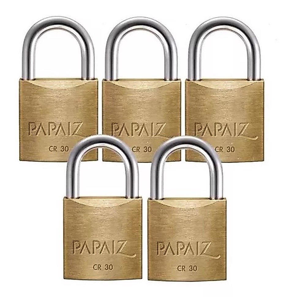Kit 5x Cadeado Papaiz Latão 30mm Mesmo Segredo 10 chaves