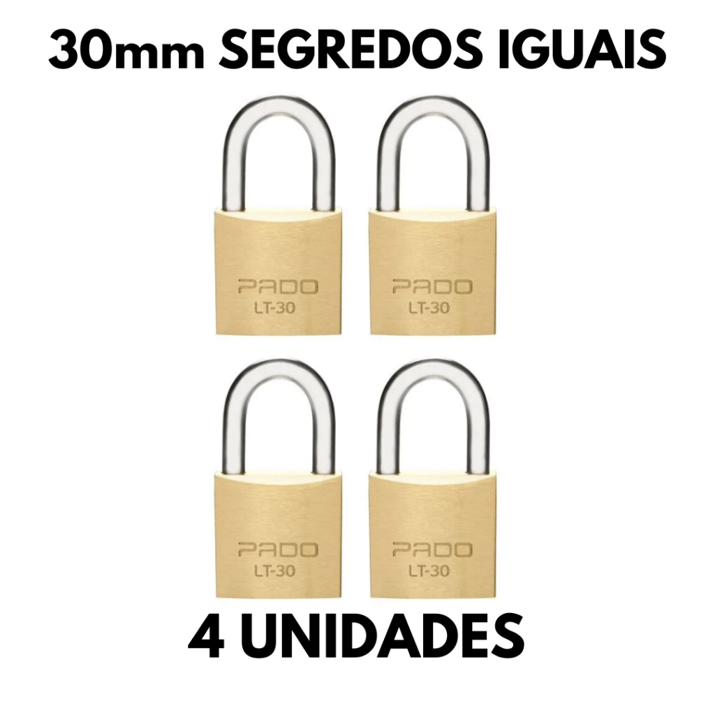 Kit 4 Cadeados Pado 30mm Mesmo Segredos Iguais Mesma Chave