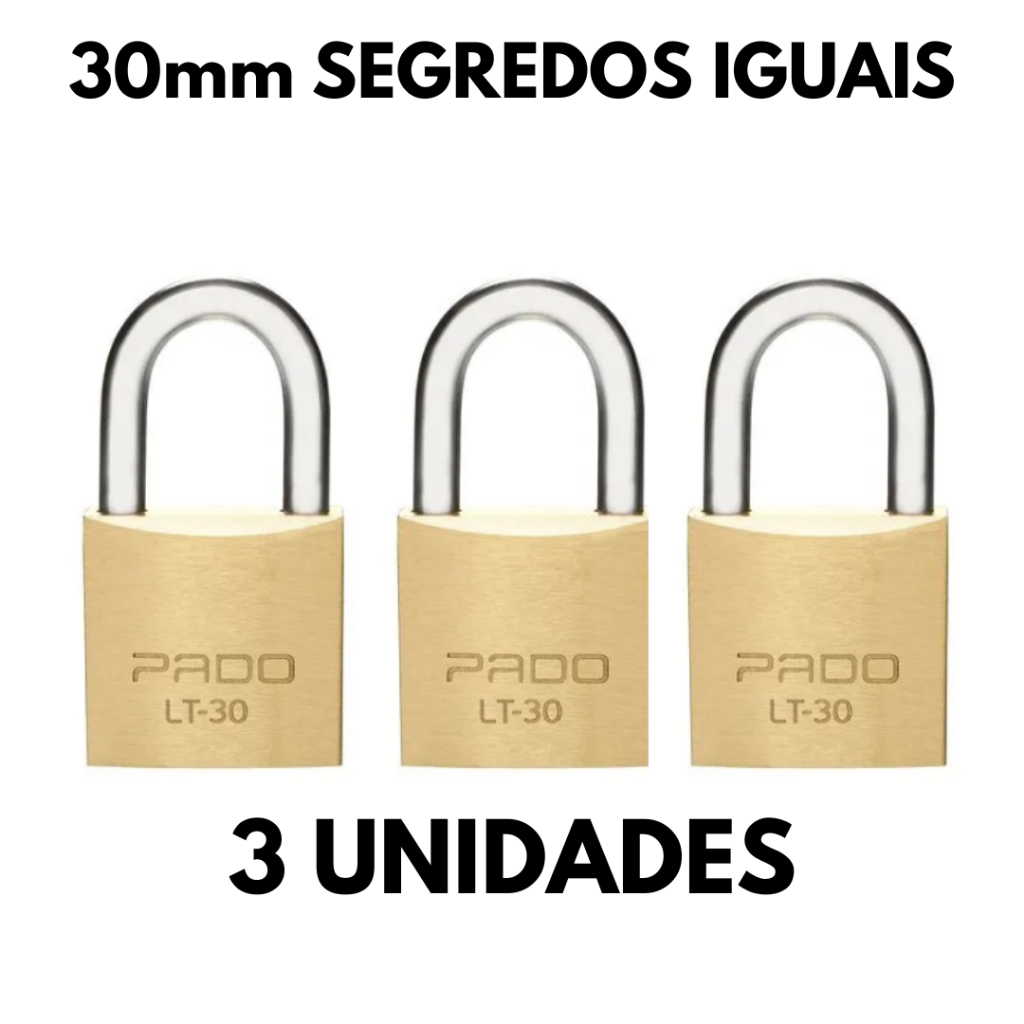 Kit 3 Cadeados Pado 30mm Mesmo Segredos Iguais Mesma Chave
