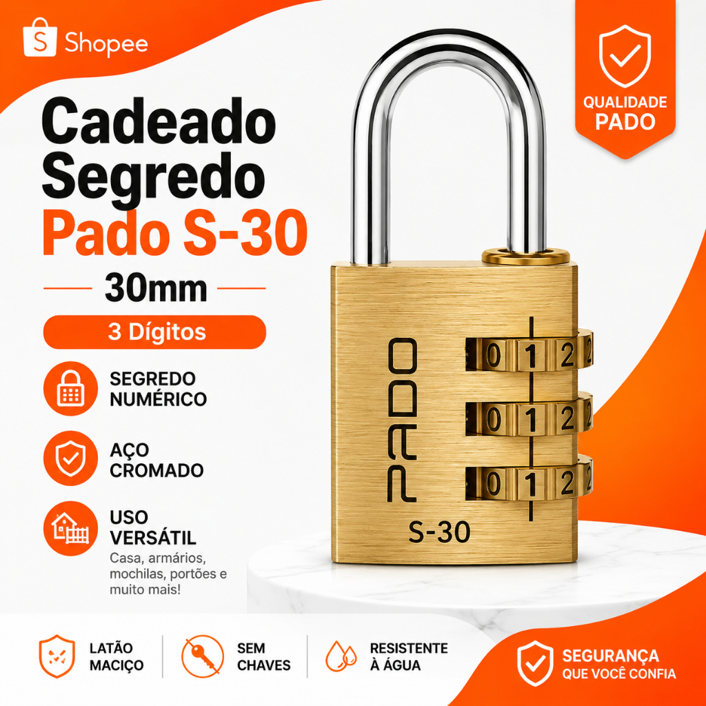 Cadeado Segredo Pado S30 30mm Latão Dourado 3 Dígitos Sem Chaves Para Mala Armário e Bolsa