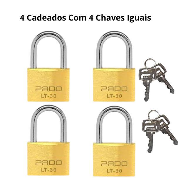 Kit C/ 4 Cadeados Pado Mesmo Segredo Com 4 Chaves Iguais P/ Portão, Janela, Armário | 20mm,30mm,40mm