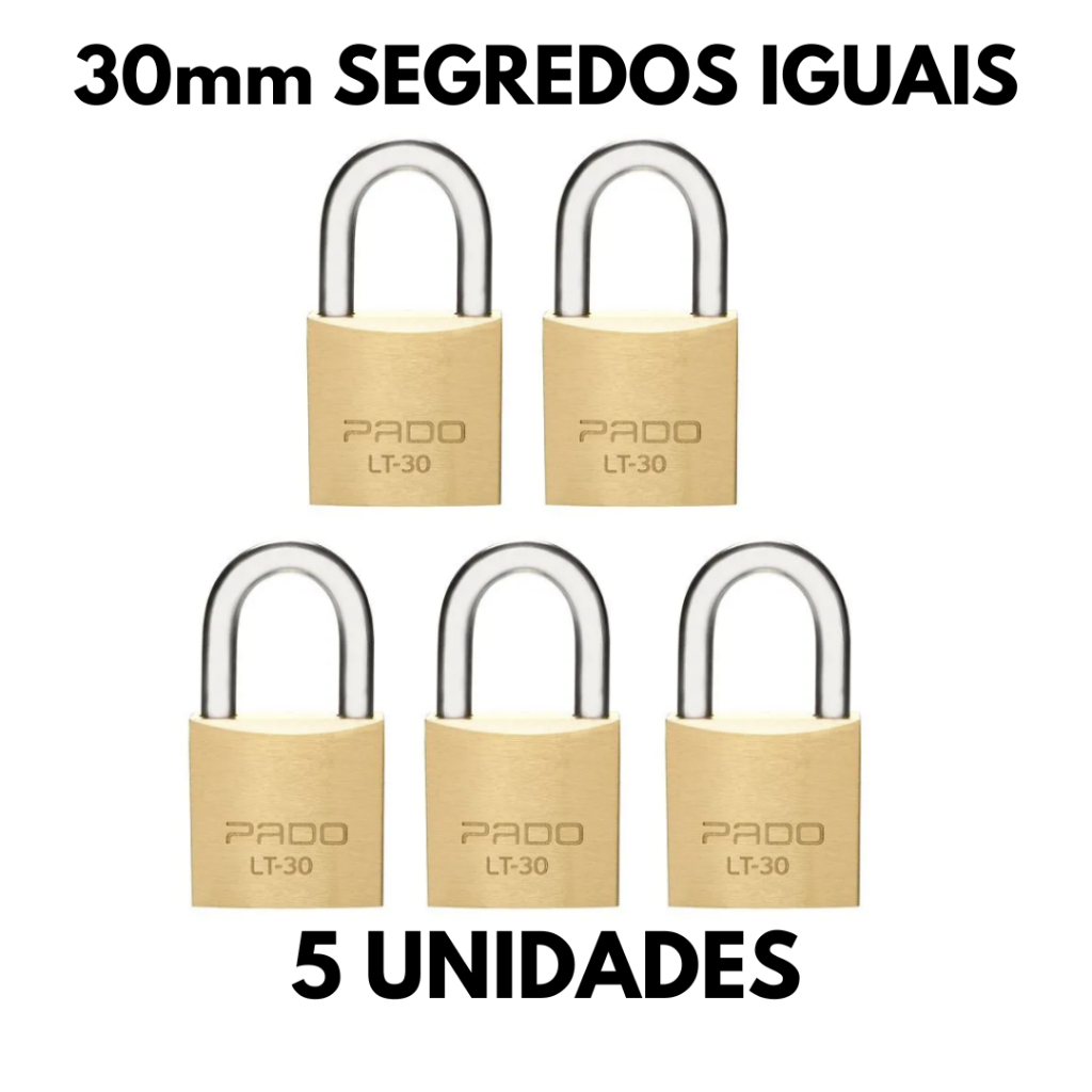 Kit 5 Cadeados Pado 30mm Mesmo Segredos Iguais Mesma Chave