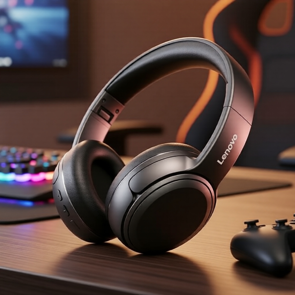 Fones de ouvido para jogos Lenovo EB320 ANC, Bluetooth 5.4, 45ms de latência baixa, drivers de 40 mm, 360° estéreo