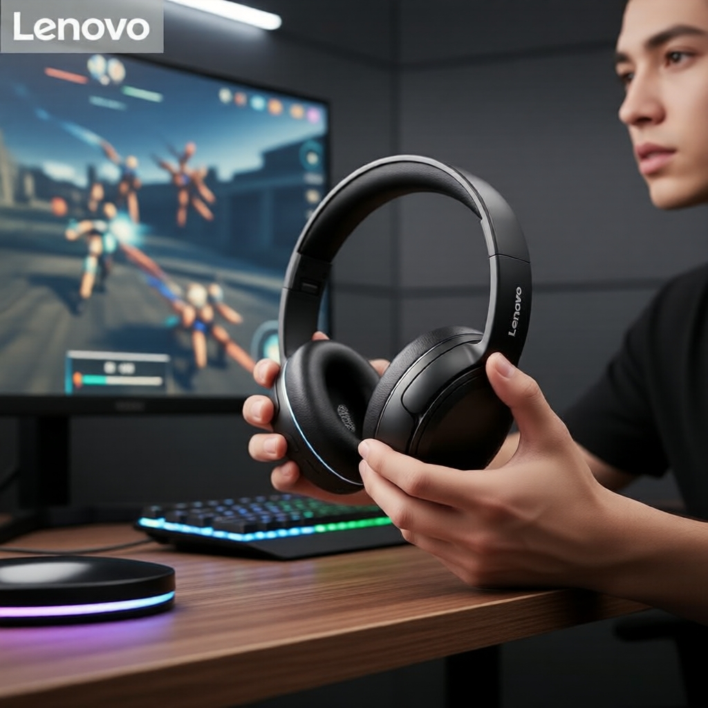 Fone de Ouvido Gamer Lenovo EB320, Bluetooth 5.4, 45ms de Latência Ultrabaixa, Drivers de 40mm, Som 360° Envolvente,