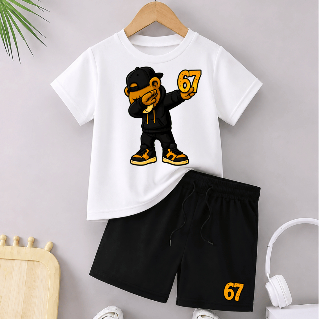 Conjunto Infantil Masculino urso six seven infantil Camiseta Algodão Bermuda Moletinho 2 ao 16
