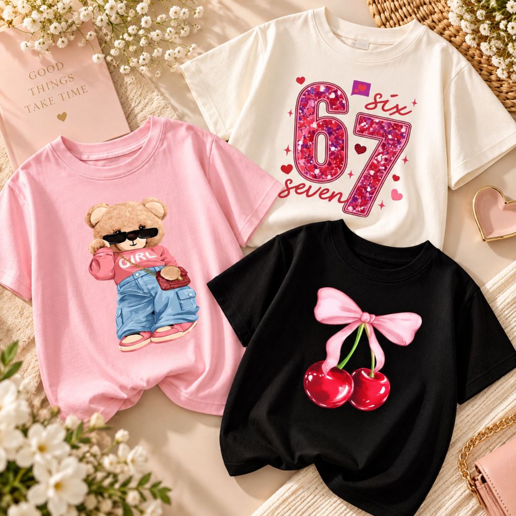 Kit 3 Camisetas Infantis Luxo Estampas Blogueirinha Urso Tendência Six Seven Meninas Kids Algodão
