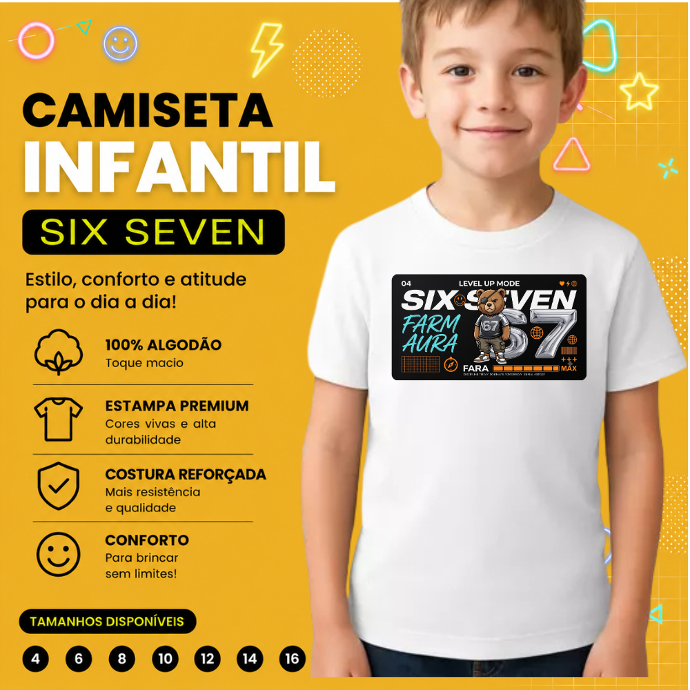 Camiseta Infantil Six Seven Farm Aura Unissex 100% Algodão Estampada Urso 67