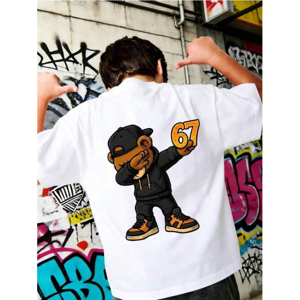 Camiseta Infantil Juvenil 100% Algodão Estampa Costas Six Seven Urso Streetwear 2 ao 14 Anos