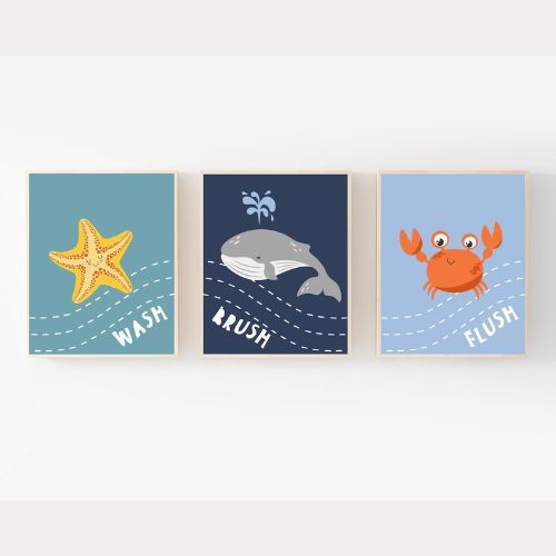 Kit 3 Quadros Decorativos Infantil | Fundo do Mar, Animais Marinhos | Quarto Bebê Menino - Friend No2