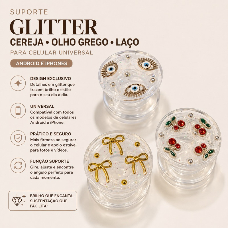 Pop Socket Luxo Adesivo 3M para Celular Suporte Retrátil Decorado Grip Universal para Capinha e Smartphone