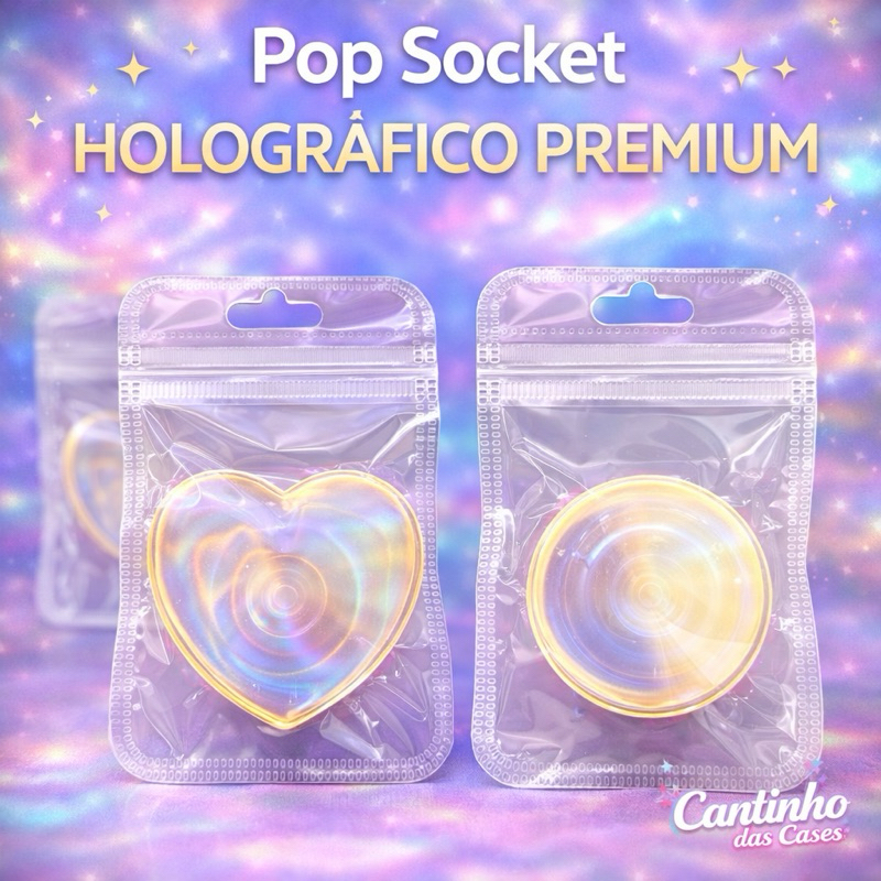 Pop Socket Holográfico Premium Celular | Suporte Universal 360° | Anti Queda | Coração e Redondo | Envio Imediato