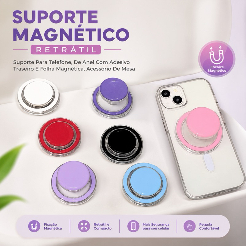 Suporte Magnético Retrátil Para Telefone Pop Socket De Anel Com Ímã E Adesivo Universal