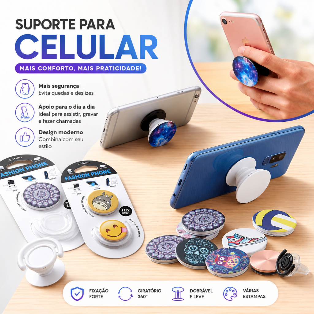Kit 100 Suporte Pop Socket para Celular Universal Retrátil Grip de Mão Dobrável com Diversas Estampas
