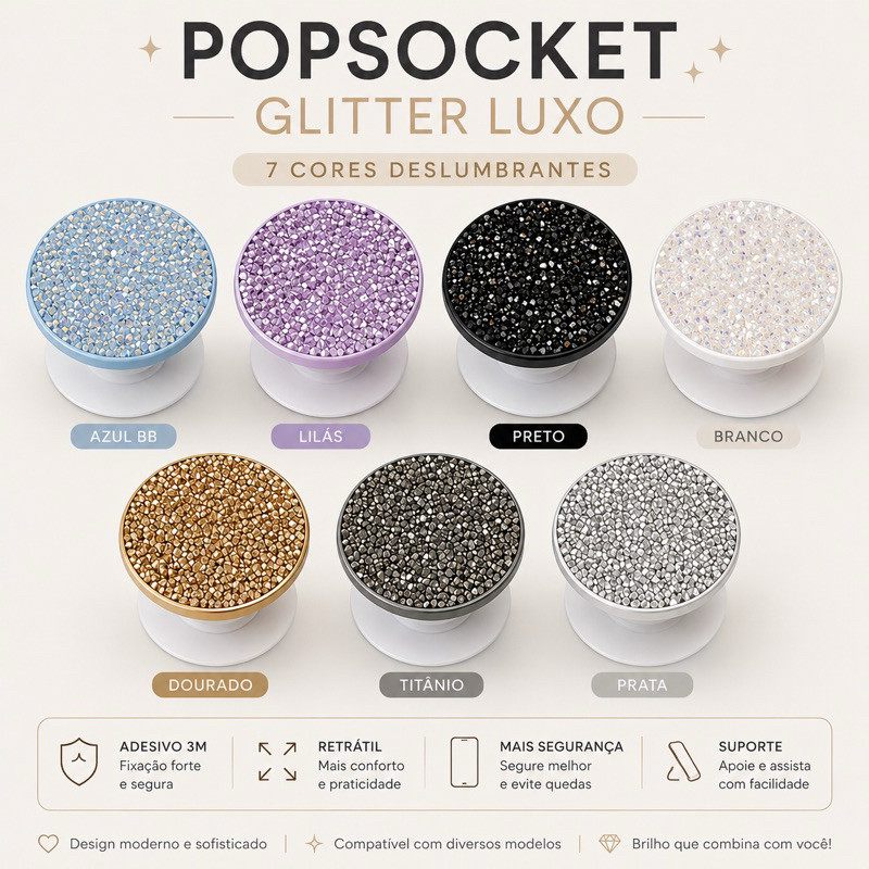 Popsocket Glitter Luxo 3M Para Celular | Suporte Adesivo Universal Retrátil universal celulares