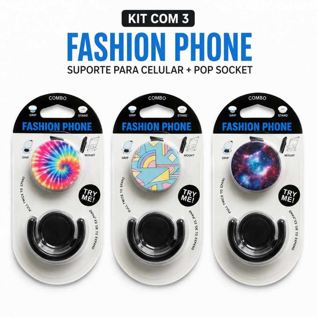 Kit 3 Suporte Celular Pop Socket Fashion Phone Universal Sortidos