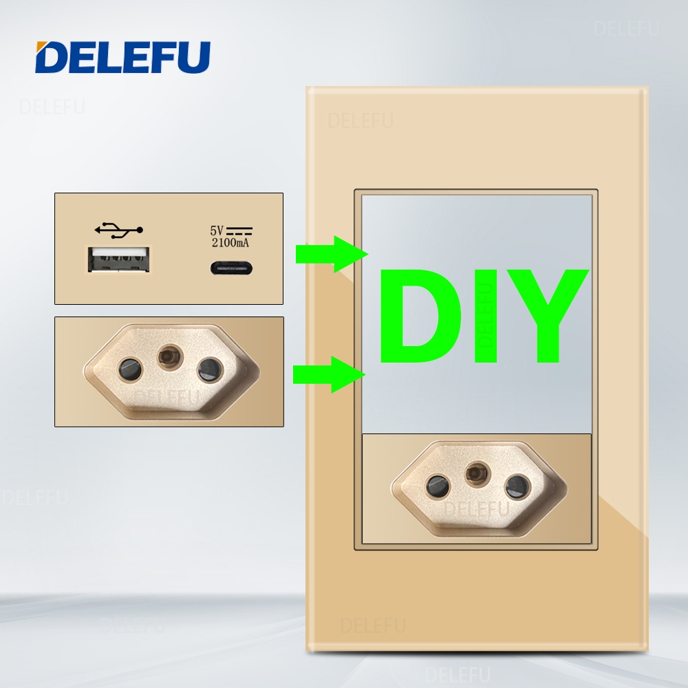DELEFU Brazil 10A 20A Standard Free Combination Gold 4*2 DIY Switch CAT Computer TV Telephone Socket