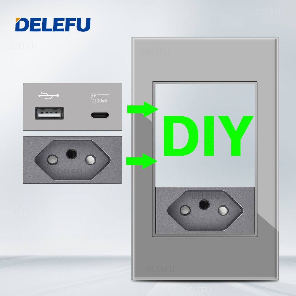 DELEFU Brazil 10A 20A Standard Free Combination Grey 4*2 DIY Switch CAT Computer TV Telephone Socket