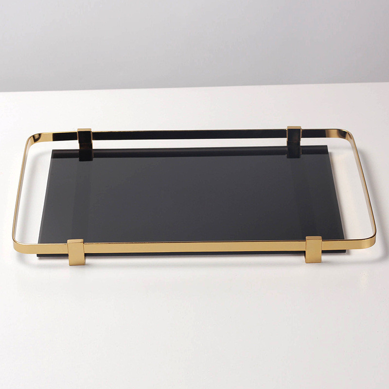 Modern minimalist light luxury glass and metal tea set tray combination ornament for model homes, rectangular decorative