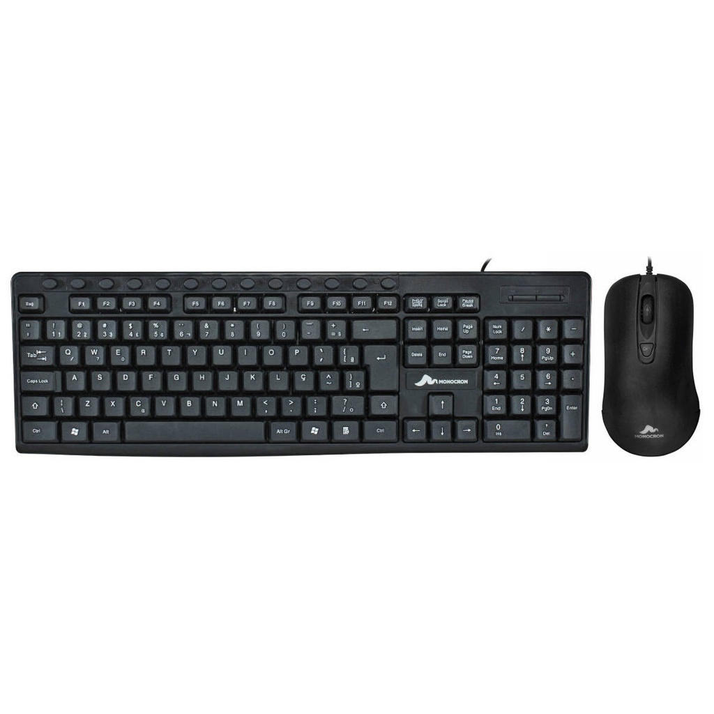 Kit Teclado USB ABNT2 107 Teclas e 13 Teclas Multimídia + Mouse USB 1000 DPI 4 Botões Cabo 1.5m Monocron Preto