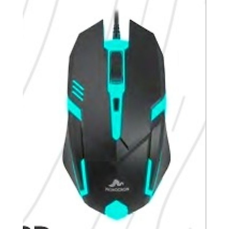 Mouse Gamer Monocron MN810D apresenta um design ergonômico em preto com detalhes recortados e iluminação LED