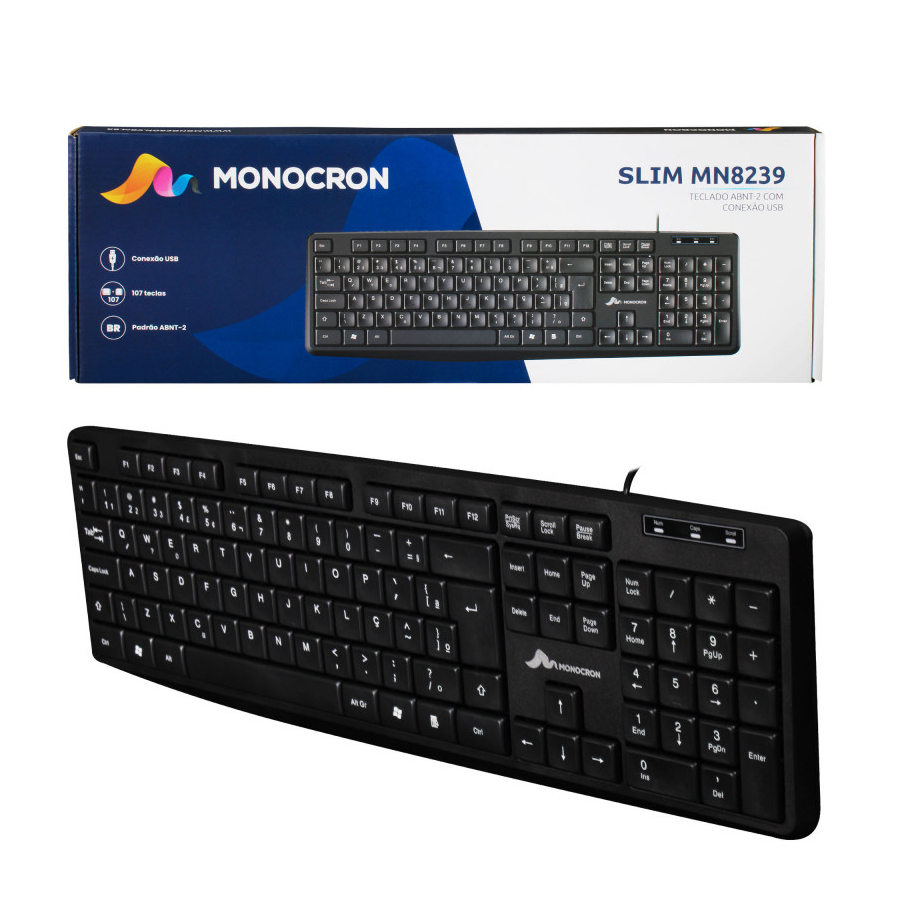 Teclado com Fio USB MN8239 Slim 107 Teclas Preto  1,5 Metros - MONOCRON ABNT-2