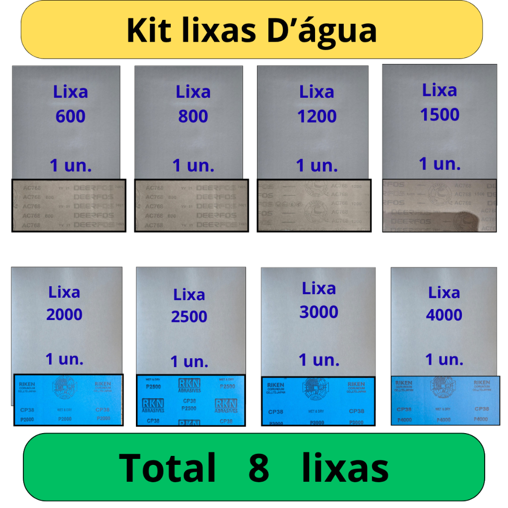 Lixa 600 800 1200 1500 2000 2500 3000 4000 Kit 1 Folha de cada Grão Funilaria Farol Pintura Plástico