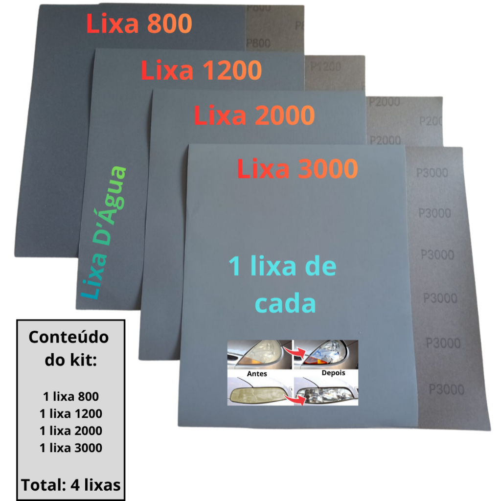 Lixa Polimento D'água Kit 1 / 2 Folhas de Cada Grana 800 1200 2000 3000 Farol Lixar Plástico Metal
