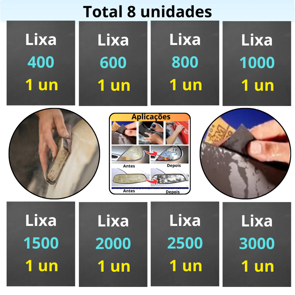 Lixa 400 600 800 1000 1500 2000 2500 3000 kit 1 ou 2 Folhas Cada Polimento Farol Plástico Metal Grão