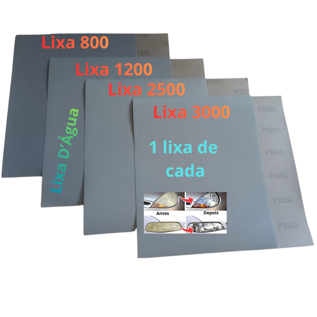 Lixa Polimento D'água Kit 1 ou 2 Folhas de Cada Grão 800 1200 2500 3000 Farol Metal Lixar Plástico