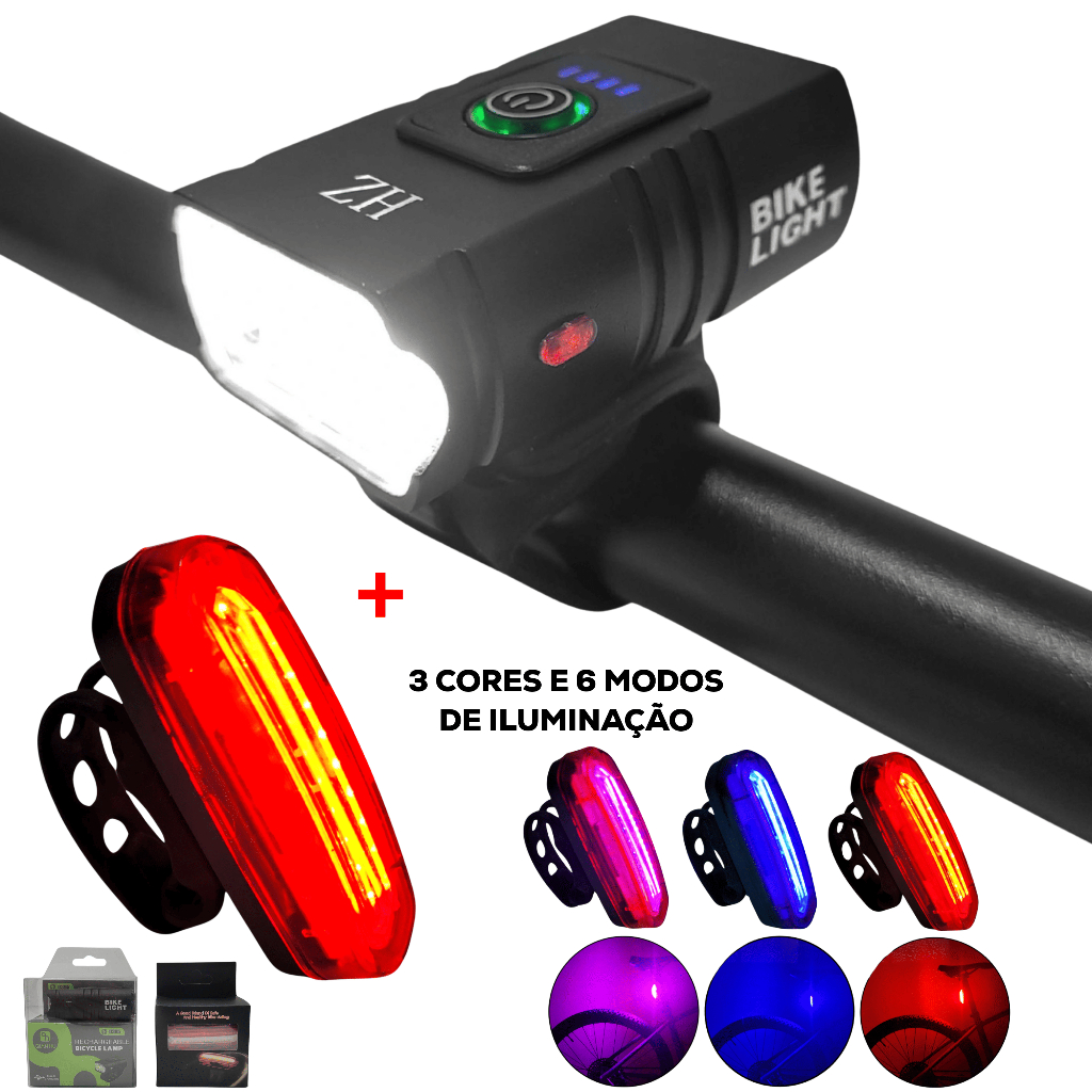 Kit Farol T6 Duplo 800 Lumens + Lanterna Traseira 120lm - LED Recarregável para Bicicleta