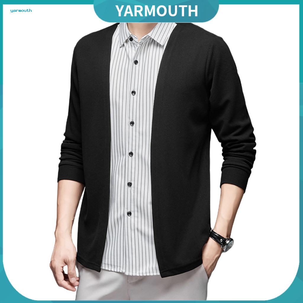 Office Attire Shirt Men's Formal Business Fake Two-piece Cardigan Style Turn-down Collar Single-breasted Striped Long Sl
