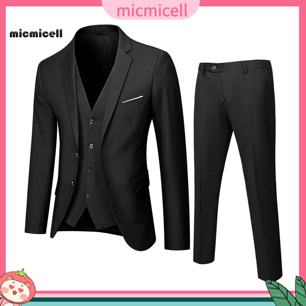 3-piece Suit with Lapels Men Set 3pcs Slim Fit – Formal Wedding Tuxedo Jacket Vest Pants Solid Color Business Outfit f