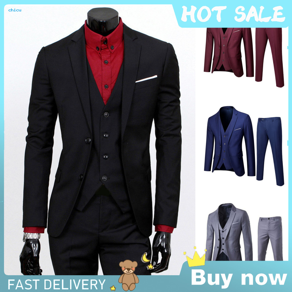 Men Suit Set 3-piece with Lapels 3pcs Slim Fit – Formal Wedding Tuxedo Jacket Vest Pants Solid Color Business Outfit f