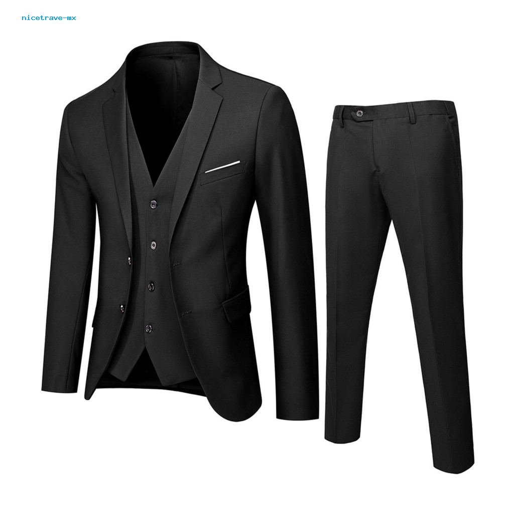 Striking Design Suit 3-piece with Lapels 3pcs Men Slim Fit Set – Formal Wedding Tuxedo Jacket Vest Pants Solid Color B