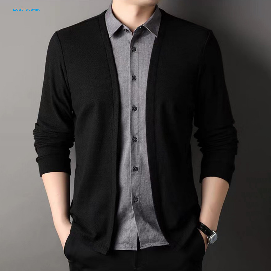 Men Formal Shirt Slim Fit Base Layer Men’s Spring/fall Two-piece Patchwork Knitted Sweater Set Turn-down Collar Busine