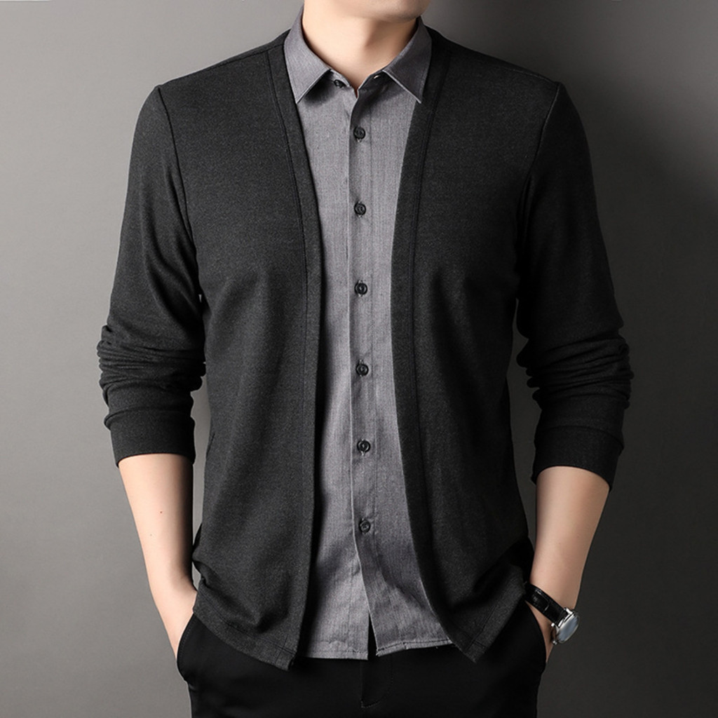 Long-sleeved Men Cardigan Men’s Spring/fall Two-piece Patchwork Knitted Sweater Shirt Set Turn-down Collar Formal Busi
