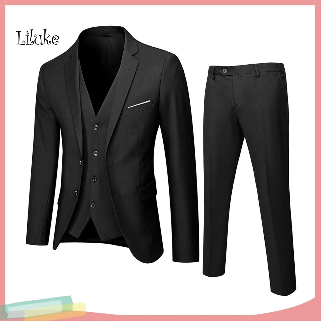 Four-button Cuffs Suit Style Outfit 3-piece with Lapels 3pcs Men Slim Fit Set – Formal Wedding Tuxedo Jacket Vest Pant