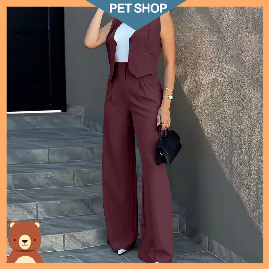 Commute Two-piece Suit Women Waistcoat Pants Set 2 Pcs and Formal Business Blazer with High Waist Wide Leg Trousers Offi