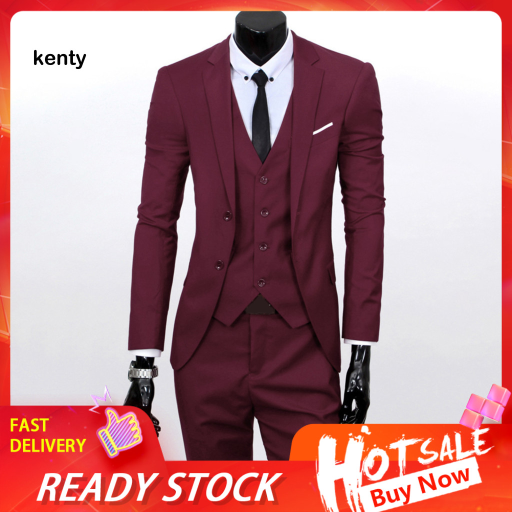 Button Closure Suit Jacket 3-piece with Lapels 3pcs Men Slim Fit Set – Formal Wedding Tuxedo Vest Pants Solid Color Bu