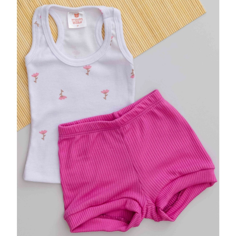 Conjunto Infantil Menina Regata Nadador Flores e Shorts Ribana Rosa
