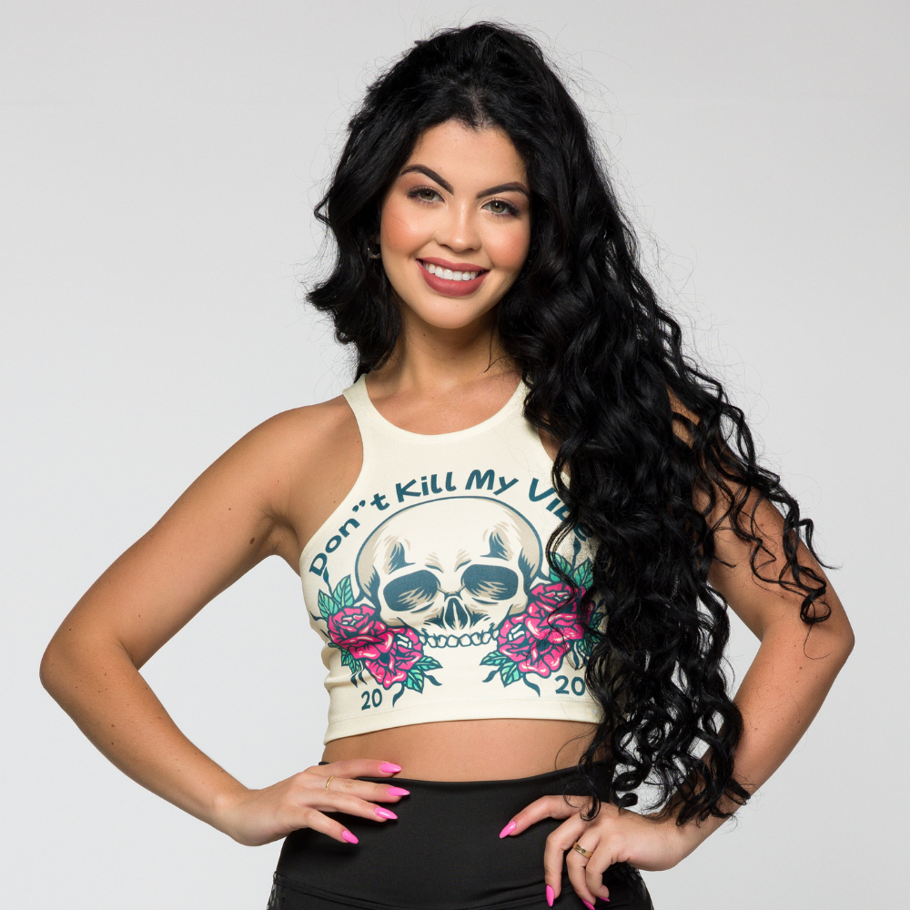 Cropped Caveira com Rosas Rock Estampado Sem Bojo Estilo Nadador REBECA