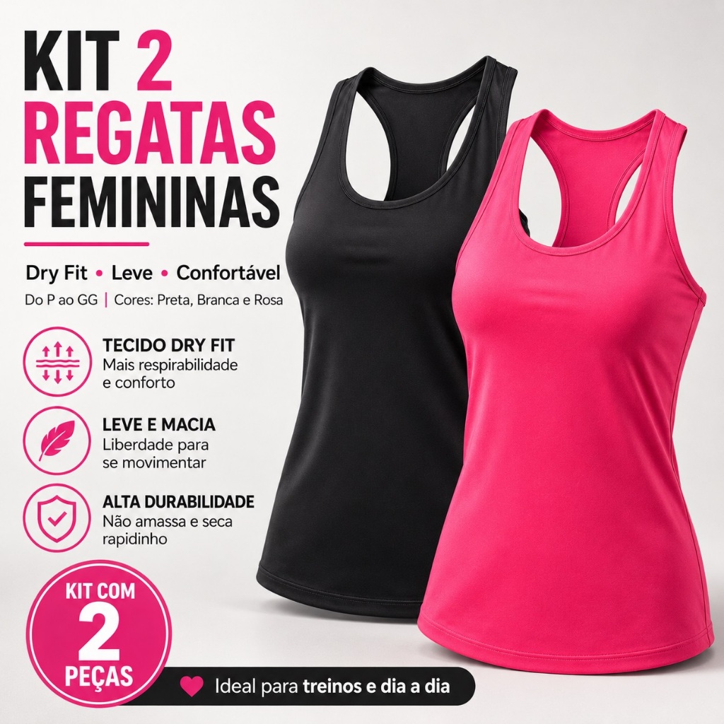 Kit 2 Regatas Femininas Dry Fit Nadador Academia Treino Fitness Liso Básica Sem Estampa Do P Ao GG Preta Branca Rosa